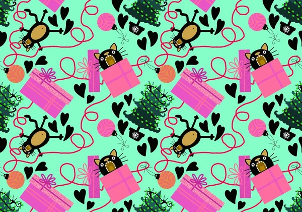 Cartoon Lustige Katzen Nahtlose Weihnachtsbaum Muster Für Verpackungspapier Und Kinderkleidung — Stockfoto