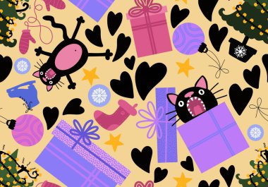 Çizgi filmlerdeki komik kediler ambalajsız Noel ağacı desenleri ve çocuk giysileri baskısı ve şenlikli ambalajlar kumaşlar ve çarşaflar ve yeni yıl ve Noel. Yüksek kaliteli illüstrasyon