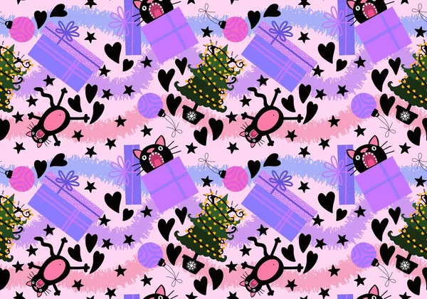 Cartoon Funny Cats Seamless Christmas Tree Pattern Wrapping Paper Kids — Stock Photo, Image