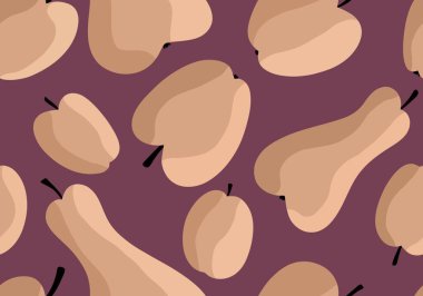 Çizgi film hasadı elmalar, armutlar ve erik desenleri kağıt, kumaş, çarşaf, ambalaj ve çocuk giysileri baskısı ve mutfak tekstili için. Yüksek kaliteli illüstrasyon