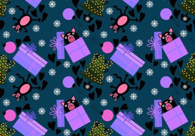 Çizgi filmlerdeki komik kediler ambalajsız Noel ağacı desenleri ve çocuk giysileri baskısı ve şenlikli ambalajlar kumaşlar ve çarşaflar ve yeni yıl ve Noel. Yüksek kaliteli illüstrasyon