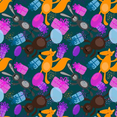 Çizgi filmlerdeki kusursuz tilkiler, ayılar ve tavşan desenleri çocuk giysileri, kumaşlar, çarşaflar, doğum günü paketleri ve hediye kutuları. Yüksek kaliteli illüstrasyon