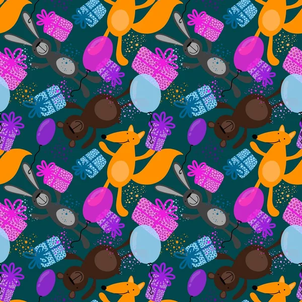 Çizgi filmlerdeki kusursuz tilkiler, ayılar ve tavşan desenleri çocuk giysileri, kumaşlar, çarşaflar, doğum günü paketleri ve hediye kutuları. Yüksek kaliteli illüstrasyon