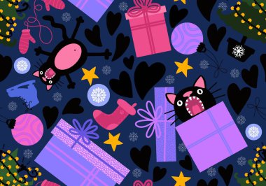 Çizgi filmlerdeki komik kediler ambalajsız Noel ağacı desenleri ve çocuk giysileri baskısı ve şenlikli ambalajlar kumaşlar ve çarşaflar ve yeni yıl ve Noel. Yüksek kaliteli illüstrasyon