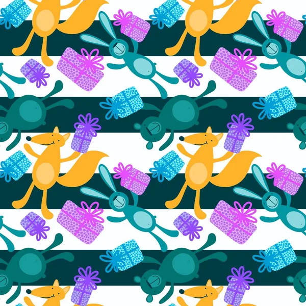 Cartoon festive animals seamless fox and bears and bunnies pattern for kids clothes print and fabrics and linens and birthday packaging and gift box. High quality illustration