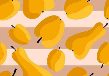 Çizgi film hasadı elmalar, armutlar ve erik desenleri kağıt, kumaş, çarşaf, ambalaj ve çocuk giysileri baskısı ve mutfak tekstili için. Yüksek kaliteli illüstrasyon