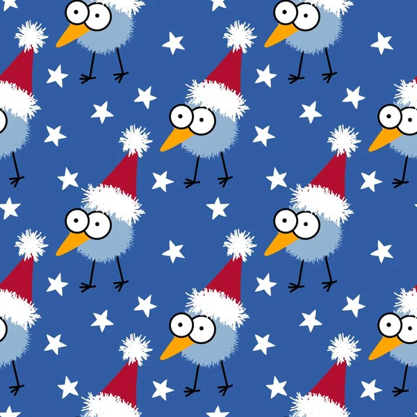 Cartoon Christmas funny animals seamless birds and Santa hat pattern for new year packaging and kids clothes print and fabrics and wrapping paper and Noel gift box. High quality illustration