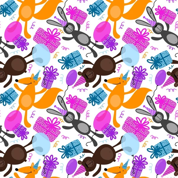 Cartoon festive animals seamless fox and bears and bunnies pattern for kids clothes print and fabrics and linens and birthday packaging and gift box. High quality illustration