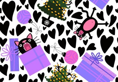 Çizgi filmlerdeki komik kediler ambalajsız Noel ağacı desenleri ve çocuk giysileri baskısı ve şenlikli ambalajlar kumaşlar ve çarşaflar ve yeni yıl ve Noel. Yüksek kaliteli illüstrasyon