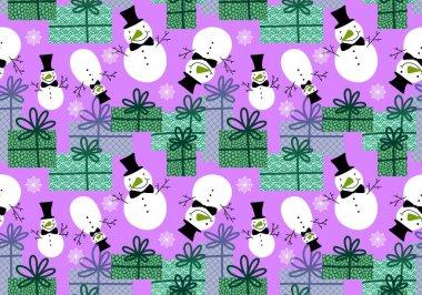 Noel ambalajı için kışın dikişsiz kardan adam ve kar taneleri deseni ve çocukların not defterleri, aksesuarları ve kumaşları. Yüksek kaliteli illüstrasyon