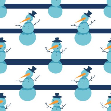 Noel ambalajı için kışın dikişsiz kardan adam ve kar taneleri deseni ve çocukların not defterleri, aksesuarları ve kumaşları. Yüksek kaliteli illüstrasyon