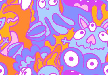 Çizgi film canavarları kusursuz uzaylılar ve hayvan desenli ambalajlar, kumaşlar ve çocuk kıyafetleri baskılar, çarşaflar ve ambalajlar. Yüksek kaliteli illüstrasyon