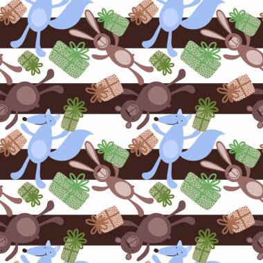 Çizgi filmlerdeki kusursuz tilkiler, ayılar ve tavşan desenleri çocuk giysileri, kumaşlar, çarşaflar, doğum günü paketleri ve hediye kutuları. Yüksek kaliteli illüstrasyon