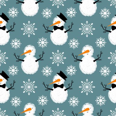 Noel ambalajı için kışın dikişsiz kardan adam ve kar taneleri deseni ve çocukların not defterleri, aksesuarları ve kumaşları. Yüksek kaliteli illüstrasyon