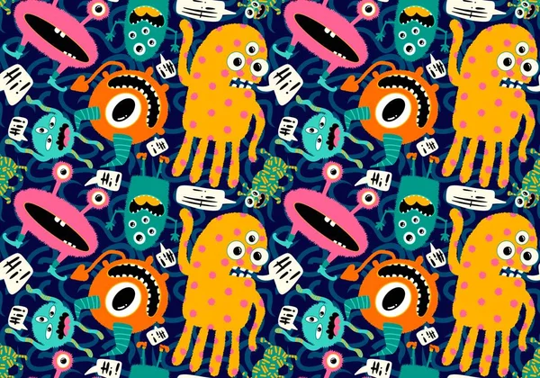 Cartoon doodle monsters seamless aliens and animals pattern for wrapping paper and fabrics and kids clothes print and linens and packaging. High quality illustration