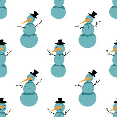 Noel ambalajı için kışın dikişsiz kardan adam ve kar taneleri deseni ve çocukların not defterleri, aksesuarları ve kumaşları. Yüksek kaliteli illüstrasyon