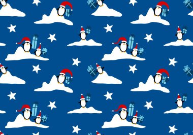 Çizgi filmlerdeki gibi Noel süssüz penguen desenli ambalajlar, çocuk giysileri, kumaşlar, çarşaflar, aksesuarlar ve ambalajlar. Yüksek kaliteli illüstrasyon