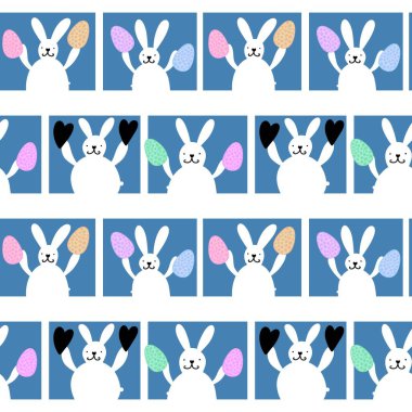 Çizgi filmlerdeki hayvanlar paskalya yumurtası ve tavşan desenli ambalaj kağıtları ve çocuk giysileri, kumaşlar, çarşaflar ve şenlikli ambalajlar. Yüksek kaliteli illüstrasyon