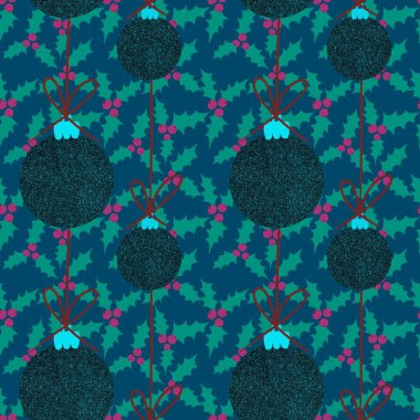 Noel ağacı topları, dikişsiz camlar, kumaşlar, çarşaflar, çocuk giysileri baskıları, Noel ambalajları ve yeni yıl tekstil ürünleri için parıltılı oyuncaklar. Yüksek kaliteli illüstrasyon