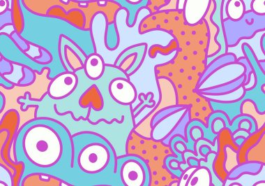 Çizgi film canavarları kusursuz uzaylılar ve hayvan desenli ambalajlar, kumaşlar ve çocuk kıyafetleri baskılar, çarşaflar ve ambalajlar. Yüksek kaliteli illüstrasyon