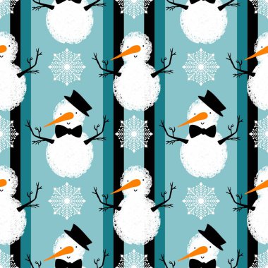Noel ambalajı için kışın dikişsiz kardan adam ve kar taneleri deseni ve çocukların not defterleri, aksesuarları ve kumaşları. Yüksek kaliteli illüstrasyon