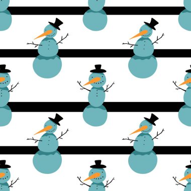 Noel ambalajı için kışın dikişsiz kardan adam ve kar taneleri deseni ve çocukların not defterleri, aksesuarları ve kumaşları. Yüksek kaliteli illüstrasyon