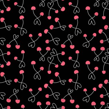 Yaz meyvesi dikişsiz kiraz ve sevgi dolu kalpler paket kağıdı ve çocuk giysileri, kumaşlar, çarşaflar ve mayo kumaşları. Yüksek kaliteli illüstrasyon