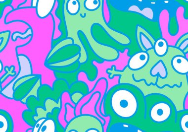 Çizgi film canavarları kusursuz uzaylılar ve hayvan desenli ambalajlar, kumaşlar ve çocuk kıyafetleri baskılar, çarşaflar ve ambalajlar. Yüksek kaliteli illüstrasyon