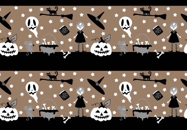 Cartoon Halloween seamless witch and bones and pumpkins pattern for wrapping paper and fabrics and linens and kids clothes print and packaging. High quality illustration