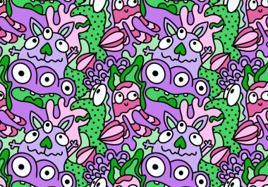 Çizgi film canavarları kusursuz uzaylılar ve hayvan desenli ambalajlar, kumaşlar ve çocuk kıyafetleri baskılar, çarşaflar ve ambalajlar. Yüksek kaliteli illüstrasyon