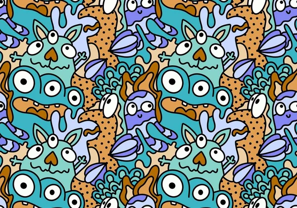 Cartoon doodle monsters seamless aliens and animals pattern for wrapping paper and fabrics and kids clothes print and linens and packaging. High quality illustration