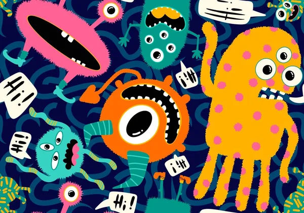 Cartoon doodle monsters seamless aliens and animals pattern for wrapping paper and fabrics and kids clothes print and linens and packaging. High quality illustration