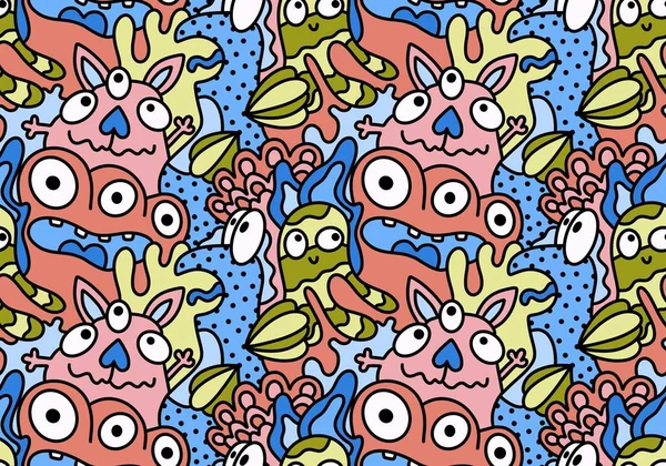 Cartoon doodle monsters seamless aliens and animals pattern for wrapping paper and fabrics and kids clothes print and linens and packaging. High quality illustration