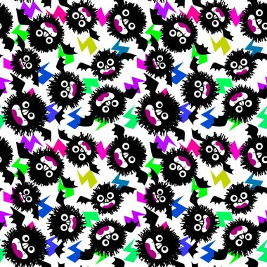 Cadılar Bayramı çizgi filmlerinde, tüysüz yarasa desenleri, çocuk giysileri, kumaşlar, çarşaflar ve şenlikli ambalajlar. Yüksek kaliteli illüstrasyon