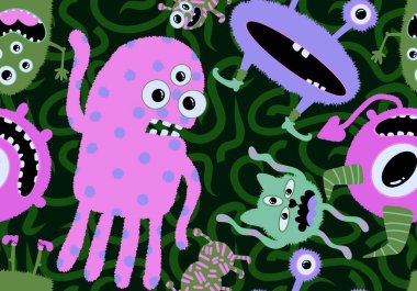 Çizgi film canavarları kusursuz uzaylılar ve hayvan desenli ambalajlar, kumaşlar ve çocuk kıyafetleri baskılar, çarşaflar ve ambalajlar. Yüksek kaliteli illüstrasyon