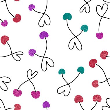 Yaz meyvesi dikişsiz kiraz ve sevgi dolu kalpler paket kağıdı ve çocuk giysileri, kumaşlar, çarşaflar ve mayo kumaşları. Yüksek kaliteli illüstrasyon