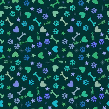 Hayvanlar çizgi filminde kağıt, kumaş, çarşaf, çocuk giysisi baskısı ve şenlik ambalajı için kusursuz köpek ve kedi ayak izleri. Yüksek kalite fotoğraf