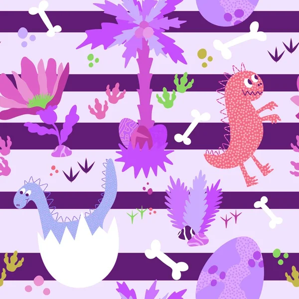 Cartoon animals seamless dinosaur monsters dragon eggs pattern for wrapping paper and kids clothes print and fabrics and linens and festive packaging. High quality illustration