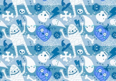 Cadılar Bayramı mumyası, balkabağı, kusursuz hayaletler, kemikler, kafatasları, ambalaj kâğıdı ve çocuk giysileri, kumaşlar, çarşaflar ve moda tekstili. Yüksek kaliteli illüstrasyon