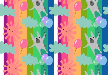 Bayramlık hayvanlar, tavşancıklar, güneş, bulutlar ve balon desenleri. Çocukların giysileri, kumaşlar, çarşaflar ve doğum günü paketleri. Yüksek kaliteli illüstrasyon