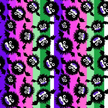 Cadılar Bayramı çizgi filmlerinde, tüysüz yarasa desenleri, çocuk giysileri, kumaşlar, çarşaflar ve şenlikli ambalajlar. Yüksek kaliteli illüstrasyon