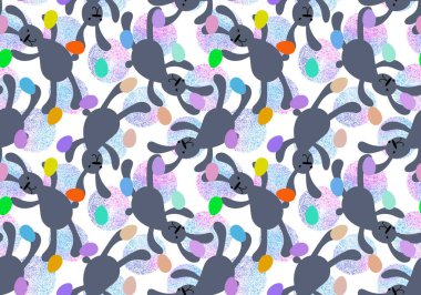 Çizgi filmlerdeki hayvanlar paskalya yumurtası ve tavşan desenli ambalaj kağıtları ve çocuk giysileri, kumaşlar, çarşaflar ve şenlikli ambalajlar. Yüksek kaliteli illüstrasyon