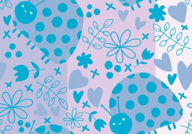 Çizgi filmlerdeki hayvanlar, örtü, kumaş, çarşaf, çocuk giysisi baskısı, şenlikli paketleme ve anaokulu için kusursuz böcek desenleri. Yüksek kaliteli illüstrasyon