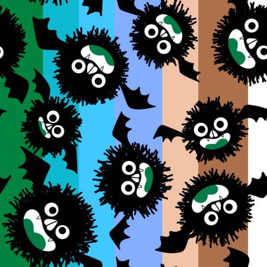 Cadılar Bayramı çizgi filmlerinde, tüysüz yarasa desenleri, çocuk giysileri, kumaşlar, çarşaflar ve şenlikli ambalajlar. Yüksek kaliteli illüstrasyon