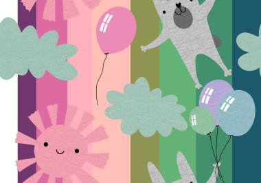 Bayramlık hayvanlar, tavşancıklar, güneş, bulutlar ve balon desenleri. Çocukların giysileri, kumaşlar, çarşaflar ve doğum günü paketleri. Yüksek kaliteli illüstrasyon