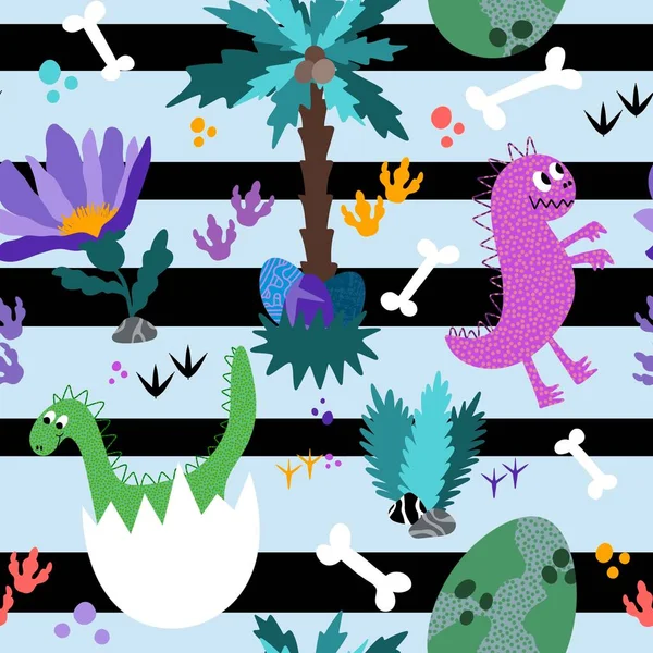 Cartoon animals seamless dinosaur monsters dragon eggs pattern for wrapping paper and kids clothes print and fabrics and linens and festive packaging. High quality illustration