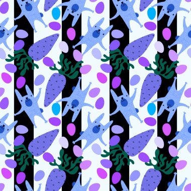 Çizgi filmlerdeki hayvanlar paskalya yumurtası ve tavşan desenli ambalaj kağıtları ve çocuk giysileri, kumaşlar, çarşaflar ve şenlikli ambalajlar. Yüksek kaliteli illüstrasyon