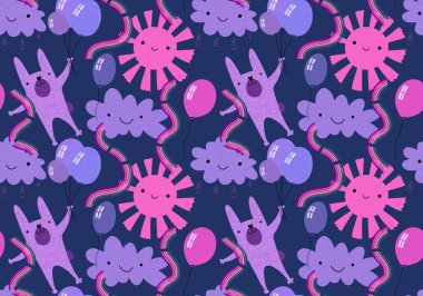 Bayramlık hayvanlar, tavşancıklar, güneş, bulutlar ve balon desenleri. Çocukların giysileri, kumaşlar, çarşaflar ve doğum günü paketleri. Yüksek kaliteli illüstrasyon