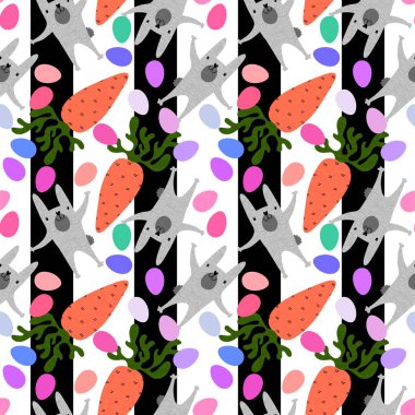 Çizgi filmlerdeki hayvanlar paskalya yumurtası ve tavşan desenli ambalaj kağıtları ve çocuk giysileri, kumaşlar, çarşaflar ve şenlikli ambalajlar. Yüksek kaliteli illüstrasyon