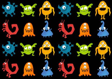 Cartoon monsters seamless emoticons aliens pattern for kids clothes print and wrapping paper and fabrics and linens and kindergarten. High quality illustration